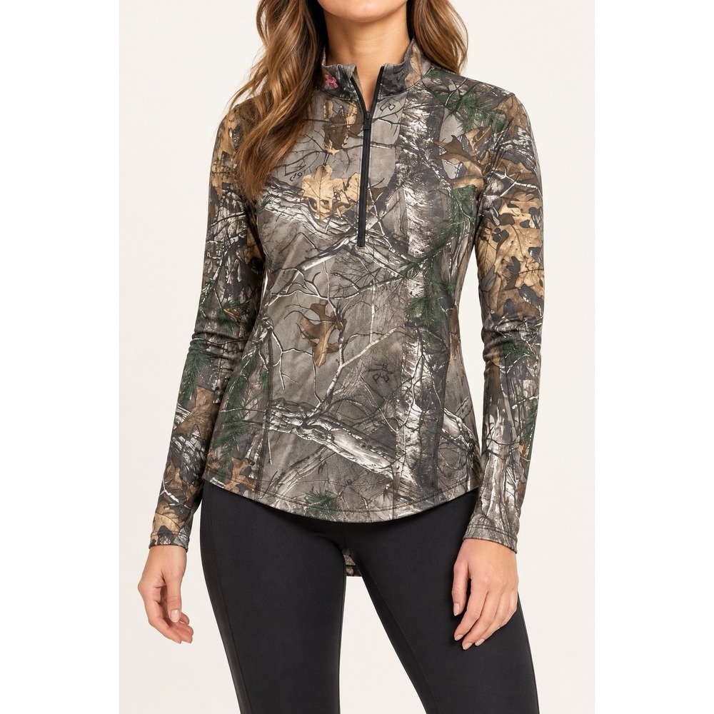 Under Armour Womens Performance Hunting Top Multicolor Real Tree Camo 1/4 Zip M